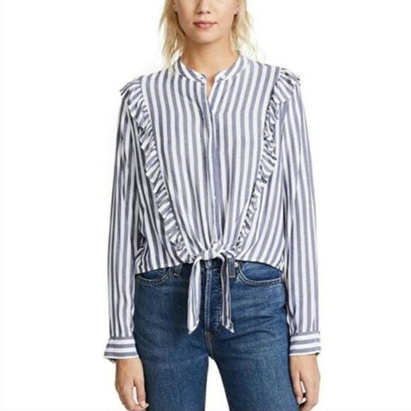 Rails Stripe Ruffle Tie Waist Long Sleeve Blue White Button Down Shirt Size M - Picture 15 of 16